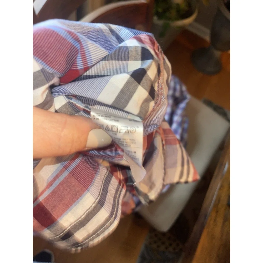 Banana Republic Plaid Untucked Fit‎ Organic Cotton Mens Shirt Medium Red Navy
